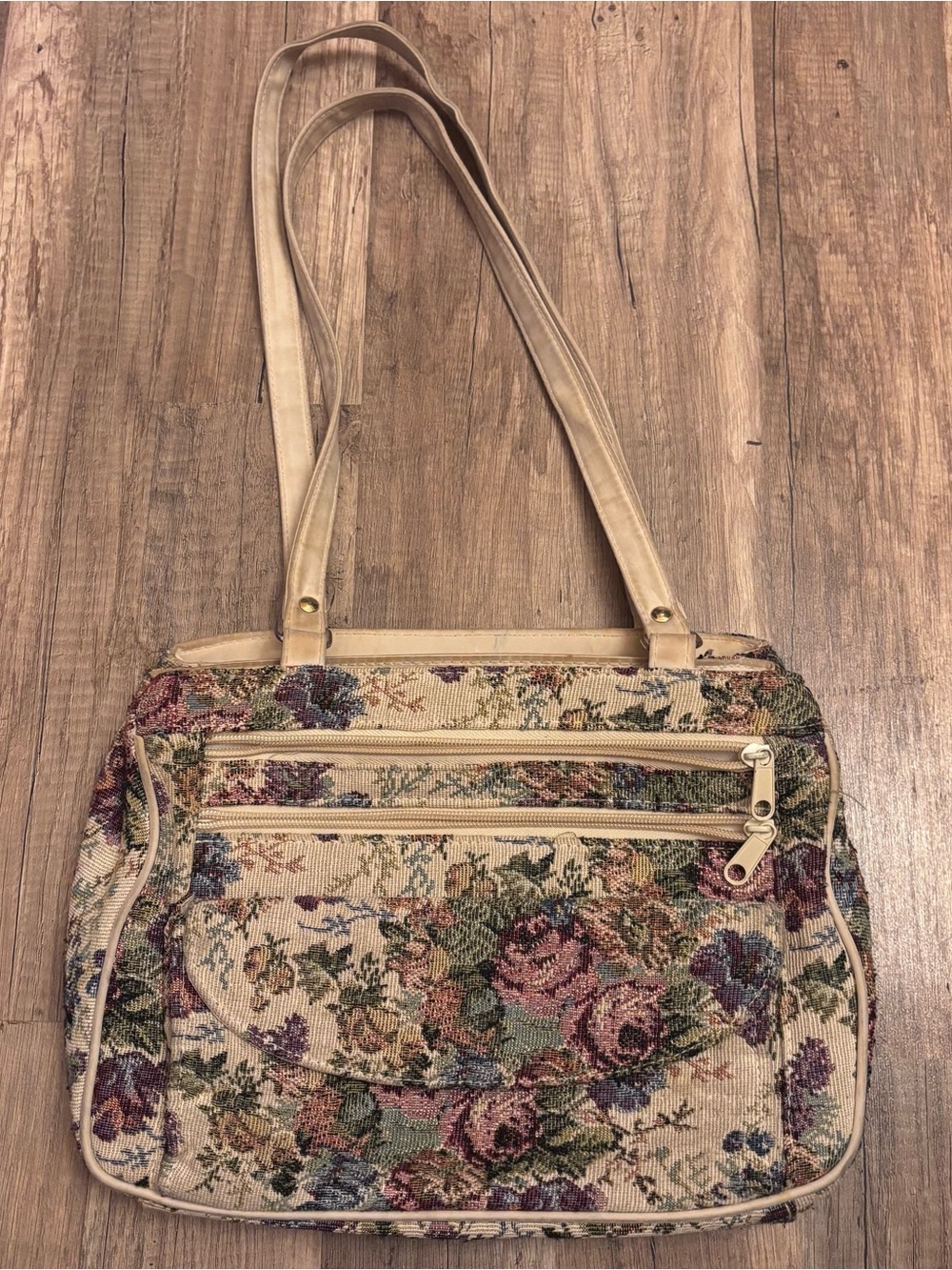 Floral Tapestry Shoulder Bag with Beige Trim